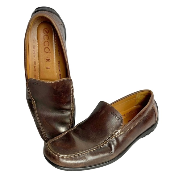 ecco Brown Leather Moc Toe Slip On Loafers Comfort